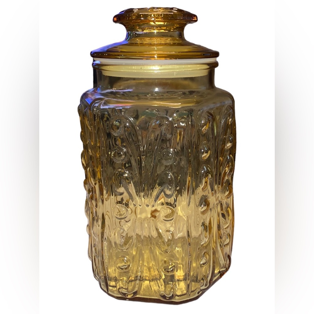 Vintage L.E. Smith Atterbury Scroll Canister Amber Glass